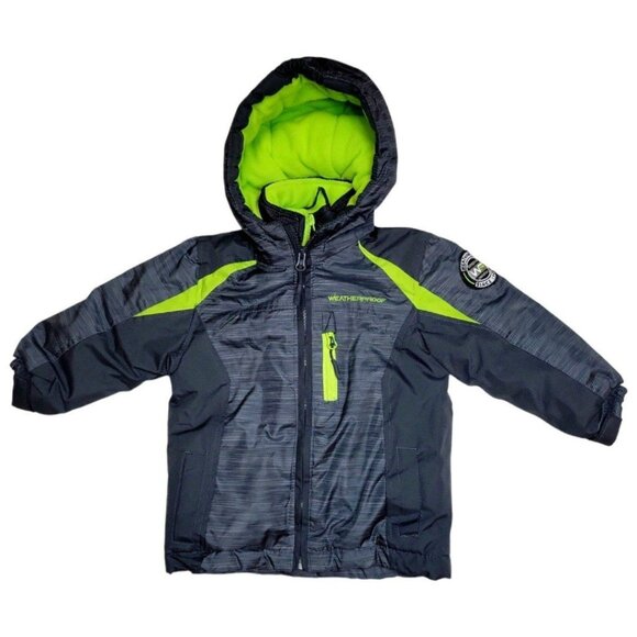 All-in-One Winter Jacket for Toddler Boys 2T Weatherproof Black- Neon Green Hood - Picture 1 of 11